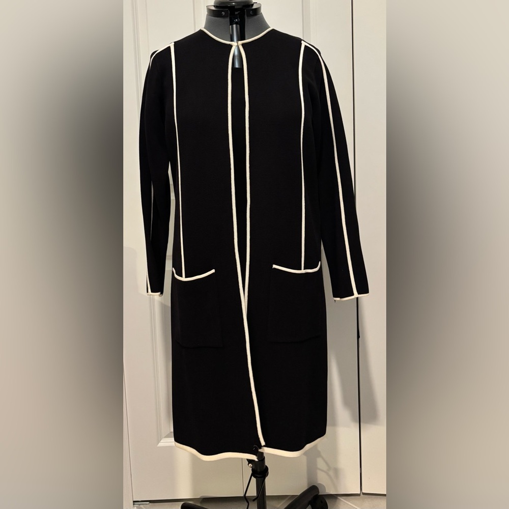 Calvin Klein Long Black Sweater Jacket with white edging trim.